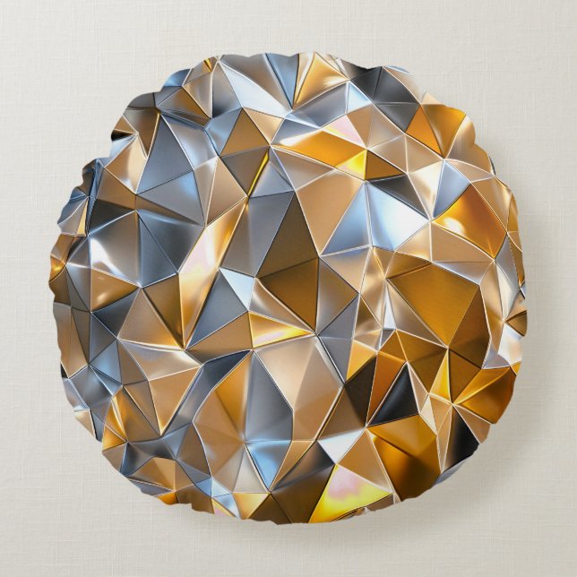 Modern Metallic Abstract Gold Silver Geometric Round Cushion (Front)