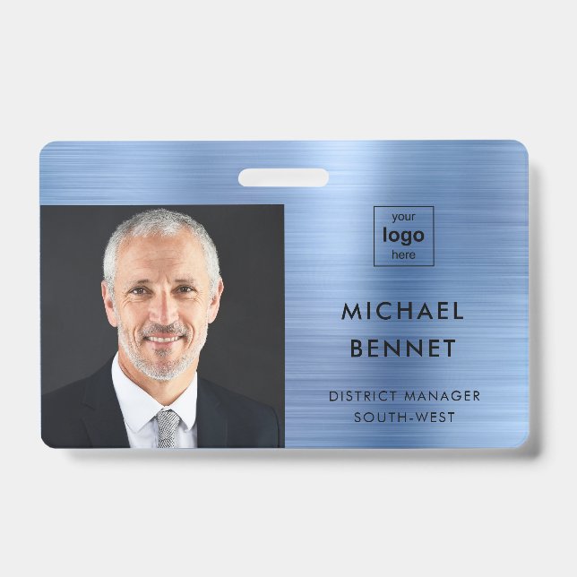 Modern Metallic Blue Company Photo ID  Badge (Front)