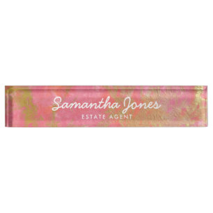 Modern Metallic Gold Pink Marble Personalised Nameplate