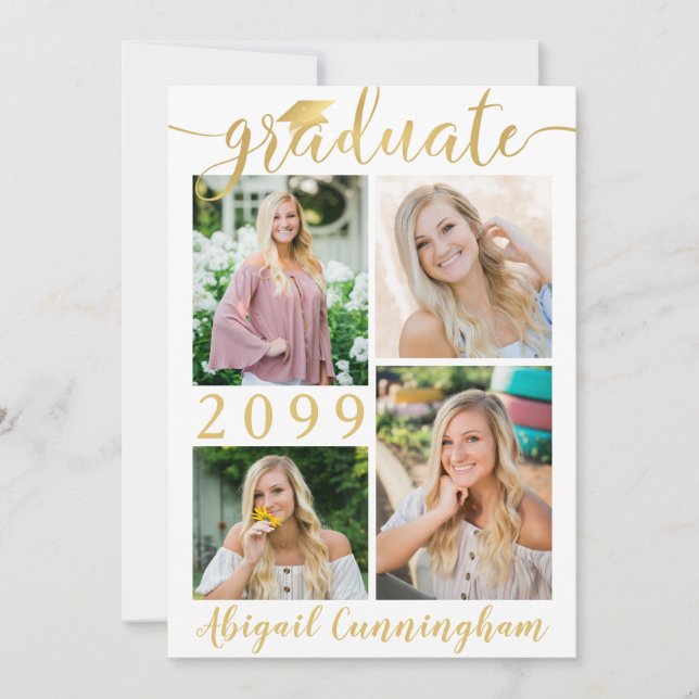 Modern Metallic Gold Script 5 Photo Graduate Announcement (Front)