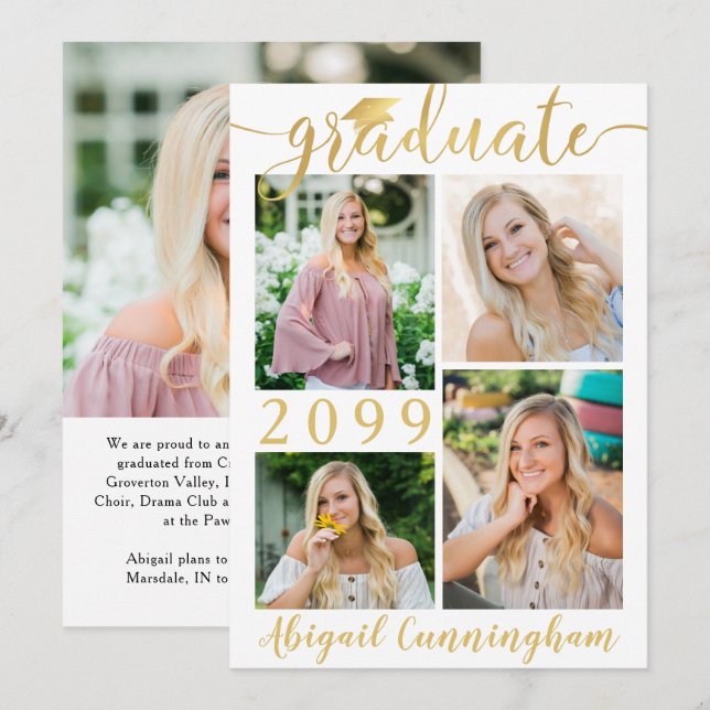 Modern Metallic Gold Script 5 Photo Graduate Announcement (Front/Back)