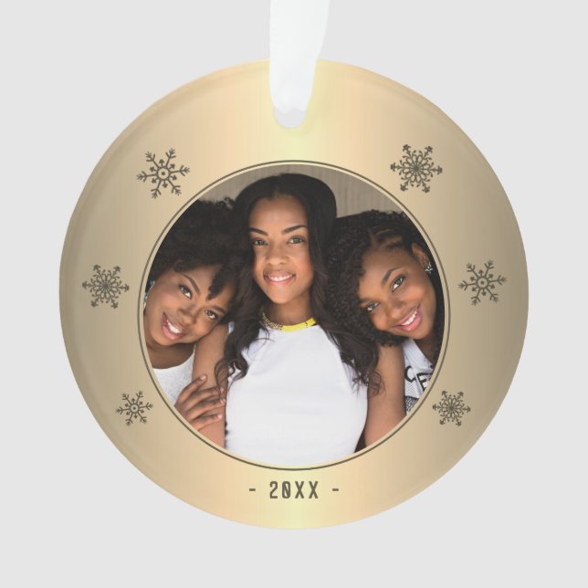 Modern Metallic Golden Snowflake Family Photo Ornament (Front)