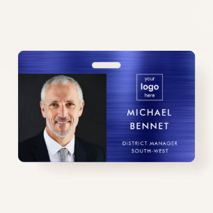 Modern Metallic Navy Blue Company Photo ID ID Badge