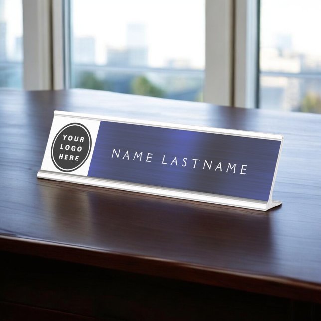 Modern Metallic Navy Blue Name Job Title Desk Name Plate (Creator Uploaded)
