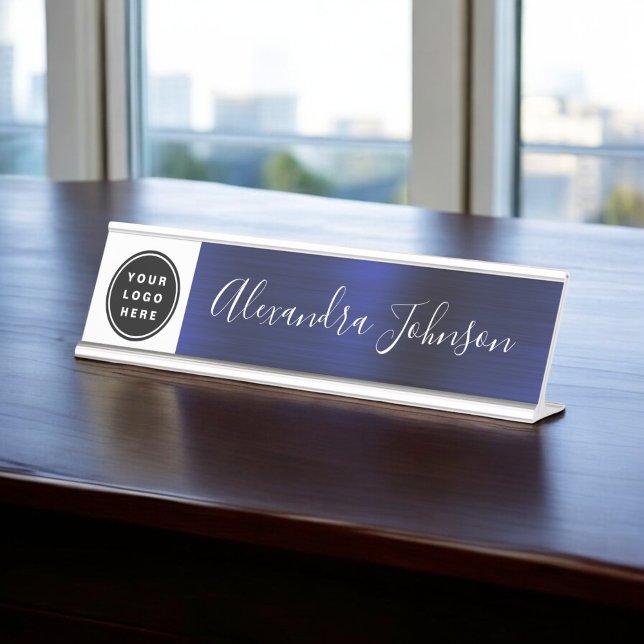 Modern Metallic Navy Blue Name Job Title Desk Plate (Creator Uploaded)