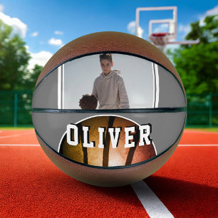 Modern Metallic Orange Name Photo Basketball