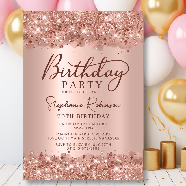 Modern Metallic Rose Gold Glitter 70th Birthday Invitation (Creator Uploaded)