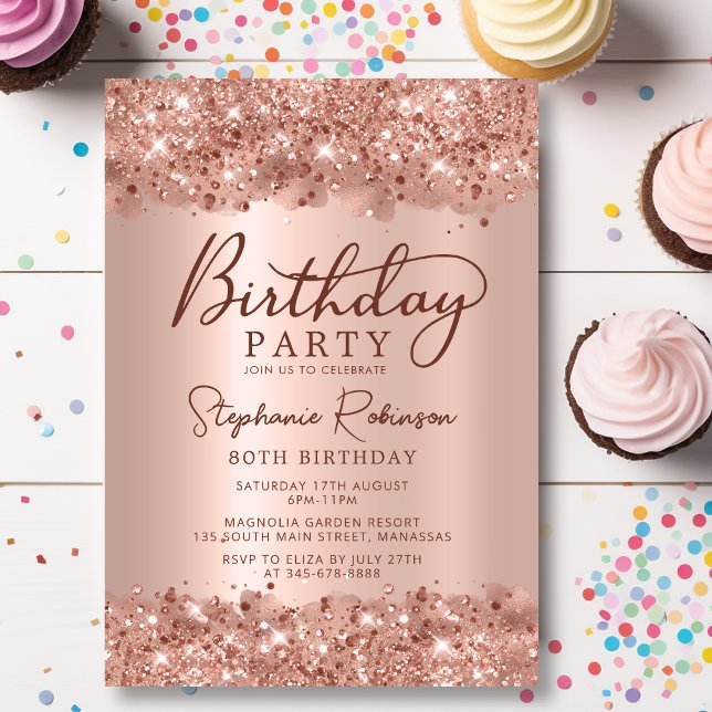 Modern Metallic Rose Gold Glitter 80th Birthday Invitation (Creator Uploaded)
