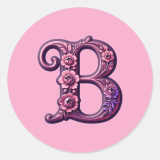 Modern Metallic Rosemaling Letter B, Pink/Purple Classic Round Sticker
