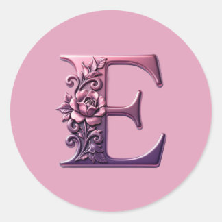 Modern Metallic Rosemaling Letter E, Pink/Purple Classic Round Sticker