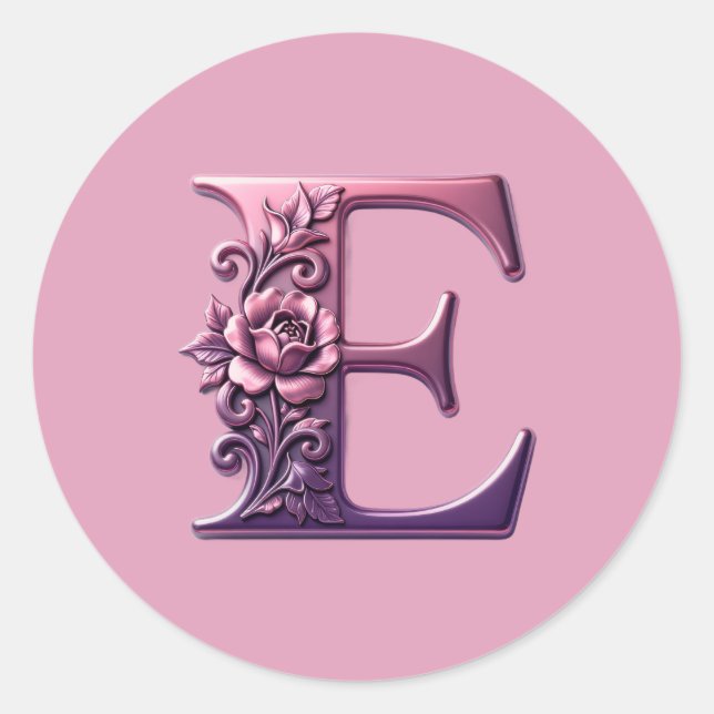 Modern Metallic Rosemaling Letter E, Pink/Purple Classic Round Sticker (Front)
