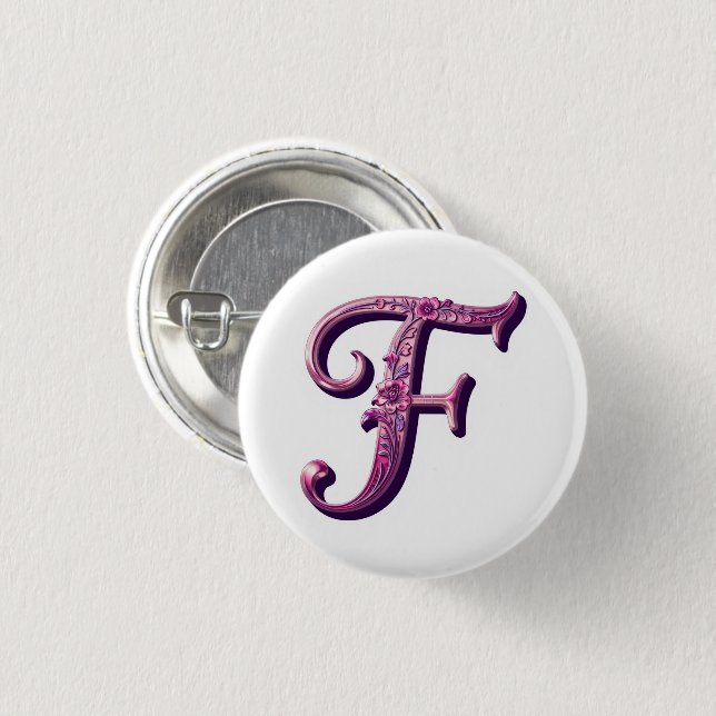 Modern Metallic Rosemaling Letter F, Pink/Purple 3 Cm Round Badge (Front & Back)