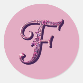 Modern Metallic Rosemaling Letter F, Pink/Purple Classic Round Sticker
