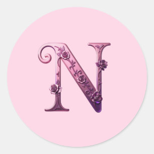 Modern Metallic Rosemaling Letter N, Pink/Purple Classic Round Sticker