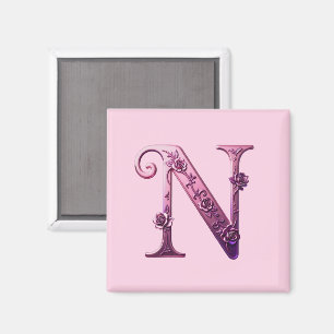 Modern Metallic Rosemaling Letter N, Pink/Purple Magnet