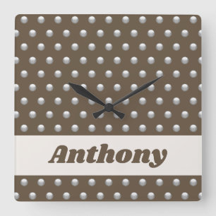 Modern Metallic Silver and Dark Brown Polka Dot Square Wall Clock