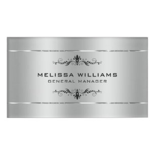 Modern Metallic Silver & Black Swirls Frame Name Tag