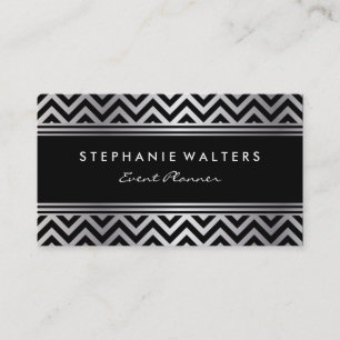 Modern Metallic Silver Chevron and Black Business Card