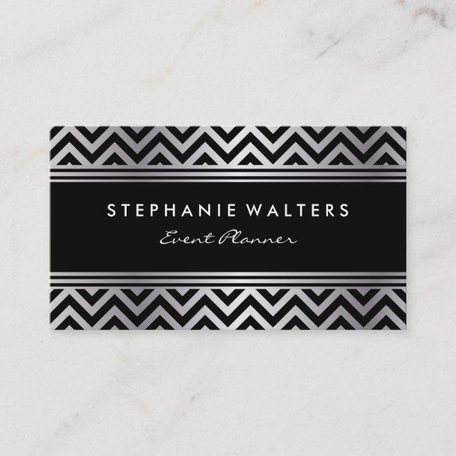 Modern Metallic Silver Chevron and Black Business Card (Front)