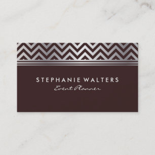 Modern Metallic Silver Chevron and Burgundy Business Card