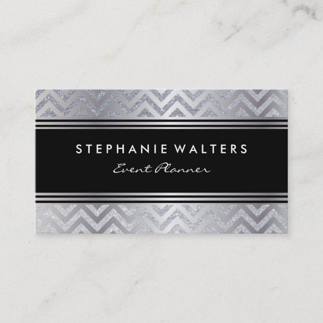 Modern Metallic Silver Chevron and Glitter Business Card (Front)