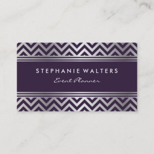 Modern Metallic Silver Chevron and Purple Business Card