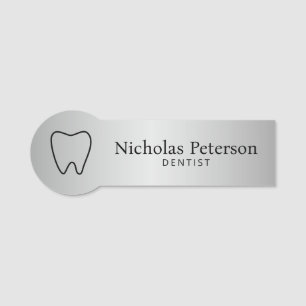 Modern Metallic Silver Tooth Dentist Dental Clinic Name Tag