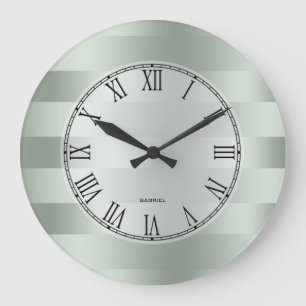 Modern Metallic Soft Green Stripes Pattern Large Clock