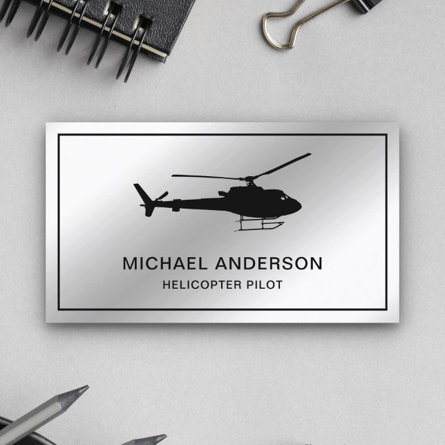 Modern Metallic Steel Silver Helicopter Pilot Business Card (Creator Uploaded)