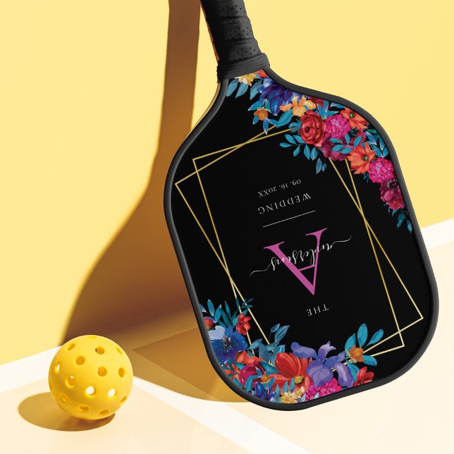 Modern Mexican Fiesta Floral Black Wedding Pickleball Paddle (Creator Uploaded)