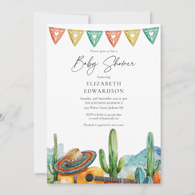 Modern Mexican Fiesta Watercolor Baby Shower Invitation (Front)