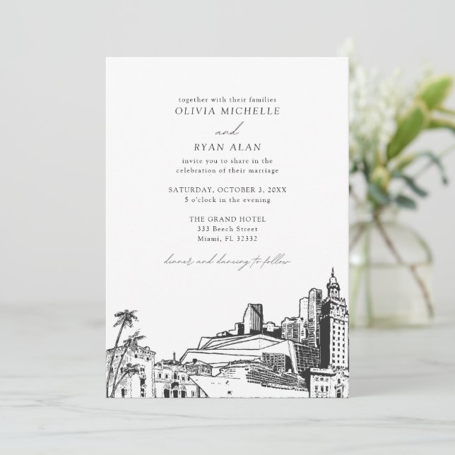Modern Miami Skyline Black & White Wedding Invitation (Standing Front)