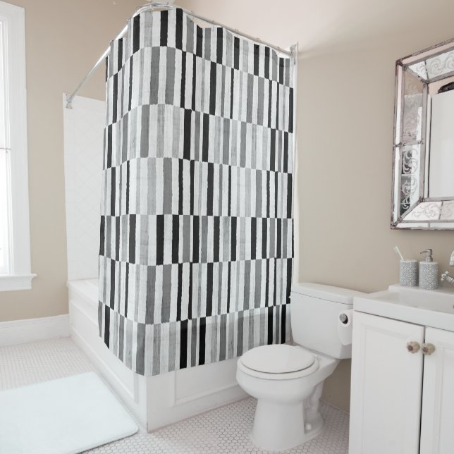 Modern Mid Century Abstract Grey Stripe Pattern Shower Curtain (In Situ)