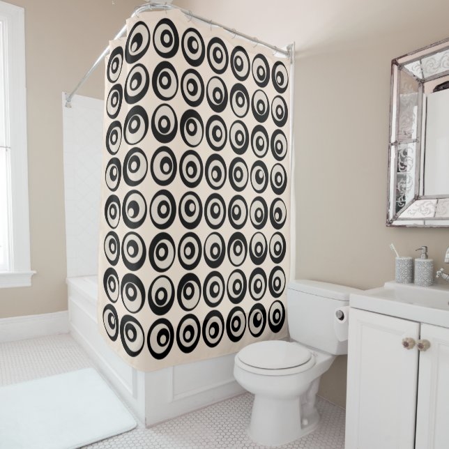 Modern Mid Century Black And Cream Circles Pattern Shower Curtain (In Situ)