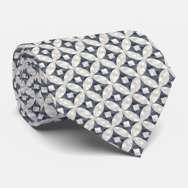 modern mid-century blue gray and beige check tie (Rolled)