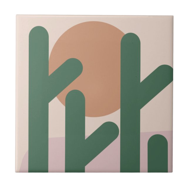 Modern Mid Century Cactus Art Earthy Pattern  Tile (Front)
