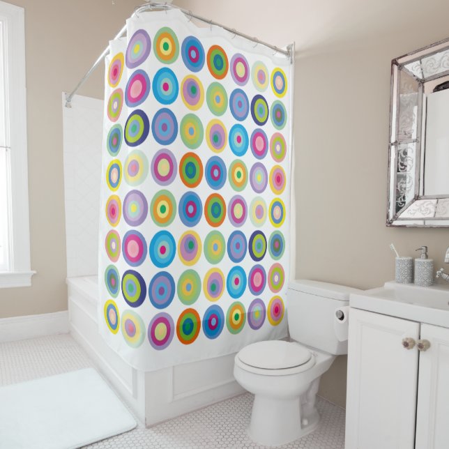 Modern Mid Century Colourful Circles Pattern Shower Curtain (In Situ)