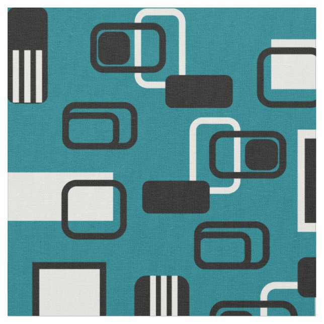 Modern Mid Century Geometric Teal Black Retro Fabric (Close Up)