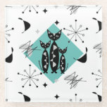 Modern Mid Century Retro Cats Cute Pattern Glass Coaster<br><div class="desc">A super cute pattern of black cats,  atomic starbursts and abstract shapes inspired by retro mid century designs in on lovely tones of teal,  blue,  black,  white and grey.</div>