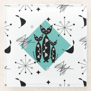 Modern Mid Century Retro Cats Cute Pattern Glass Coaster