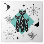 Modern Mid Century Retro Cats Cute Pattern Tile<br><div class="desc">A super cute pattern of black cats, atomic starbursts and abstract shapes inspired by retro mid century designs in on lovely tones of teal, blue, black, white and grey.</div>