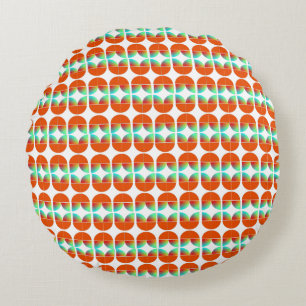 Modern Mid Century Style Fresh Orange Teal Print Round Cushion