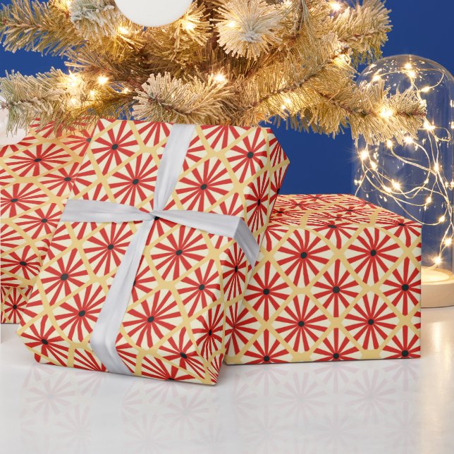 Modern Midcentury Starbursts Pattern Cream and Red Wrapping Paper (Holidays)