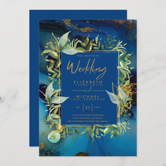 Modern Midnight Blue Gold Greenery Wedding Invites (Front/Back)