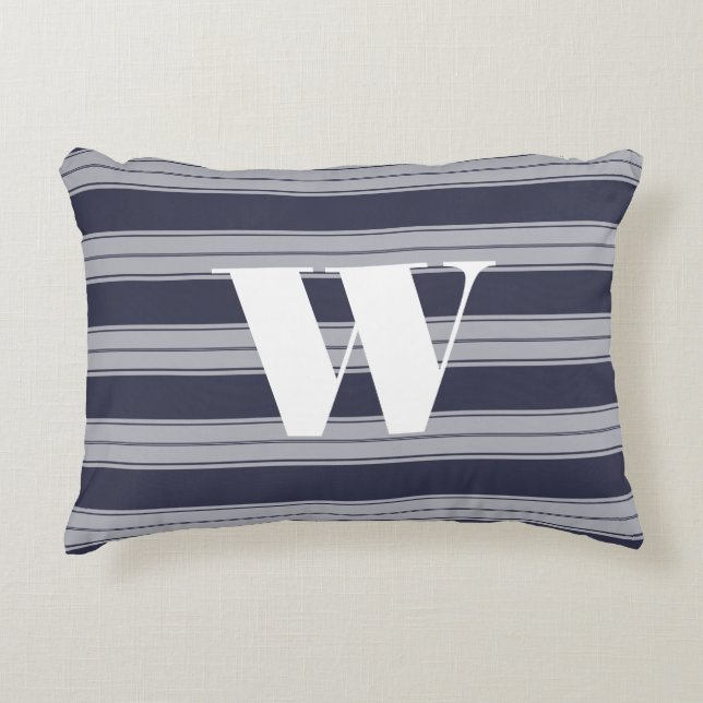 Modern Midnight Blue & Grey Stripes Initial Decorative Cushion (Front)
