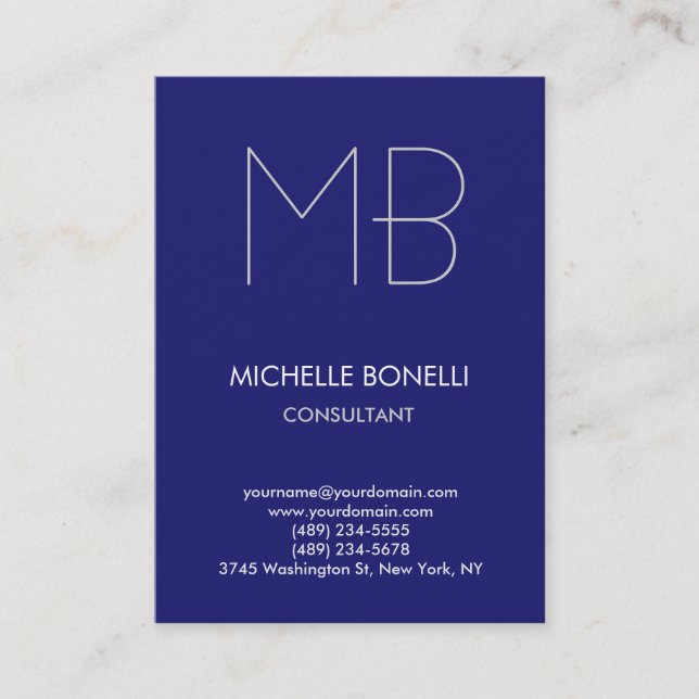 Modern midnight blue monogram business card (Front)