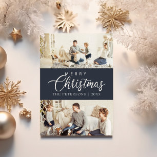 Modern Midnight Blue Photo Collage Christmas Holiday Card