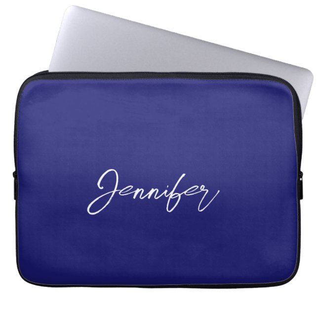 Modern Midnight Blue Plain Unique Handwriting Name Laptop Sleeve (Front)