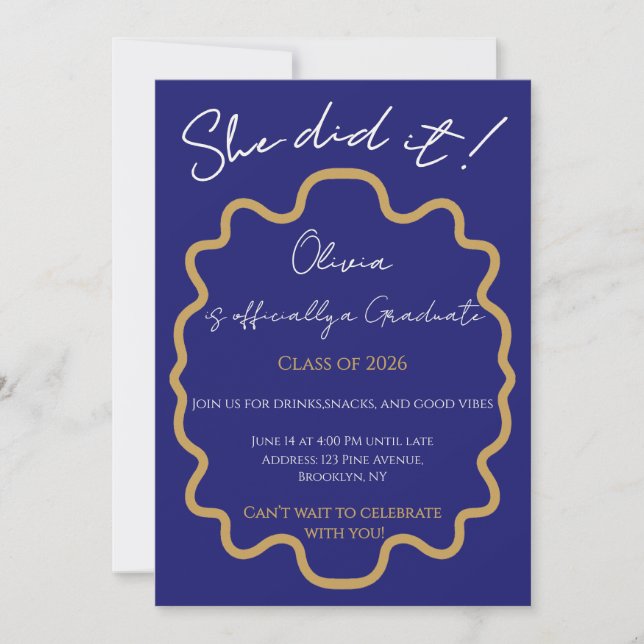 Modern Midnight Blue She Did It Graduation Party  Invitation (Front)