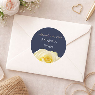 Modern Midnight Blue Yellow Rose Floral Wedding Classic Round Sticker